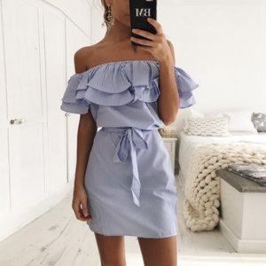 PINSTRIPED OFF SHOULDER DRESS